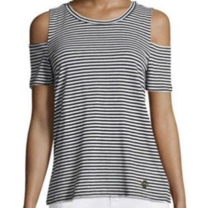 Michael Kors Basics "Ocean" Cold Shoulder Black & White Striped Short Sleeve Top